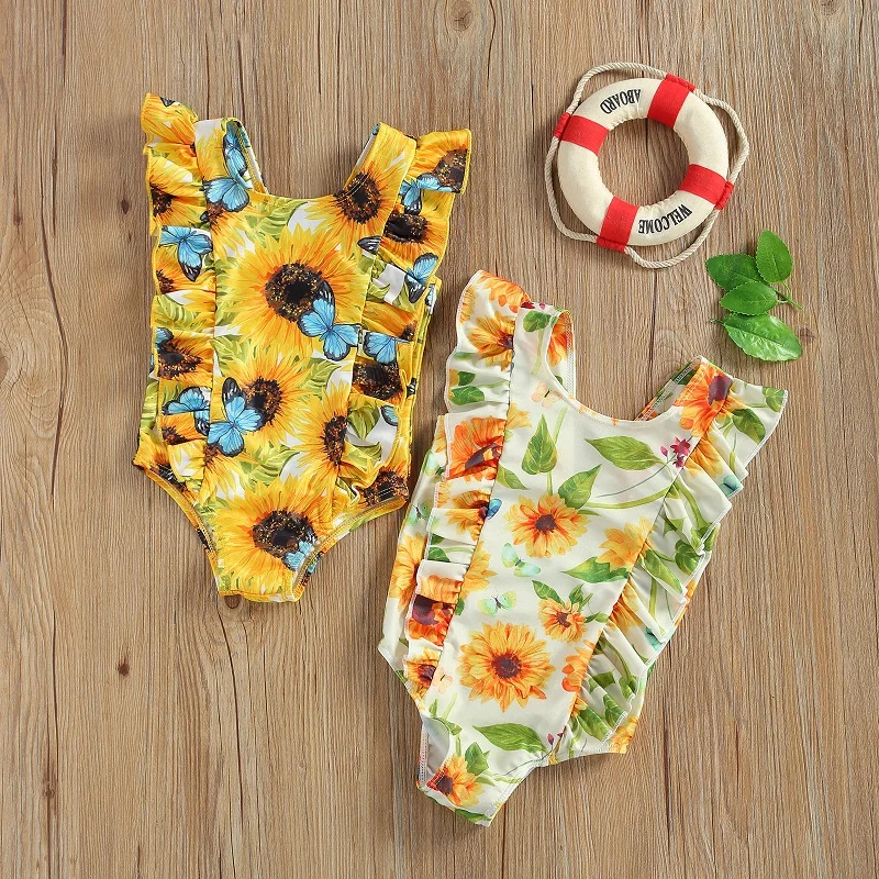 

2021 Summer Kids Baby Girl Sunflower Swimsuit Ruffles Sleeve Flower Swimming Romper Swimwear Beachwear Bathing Suit