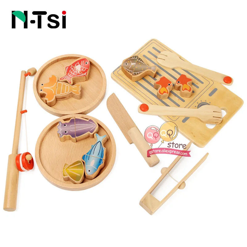 Fishing Set N-Tsi деревянные пищевые группы овощи магнитные рыболовные кухонные игрушки ролевые игры Развивающие детские подарочные игрушки для детей - Цвет: Fishing Set