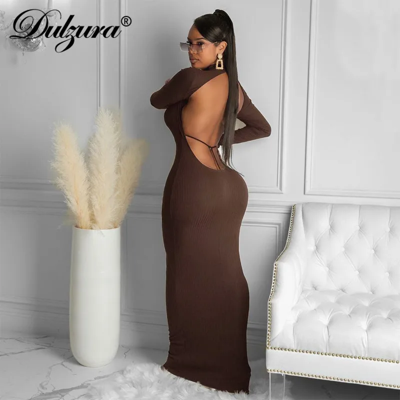 

Dulzura Knitted Stripe Women Long Sleeve Midi Dress High Neck Backless Hollow Out Bodycon Sexy Streetwear 2020 Autumn Winter