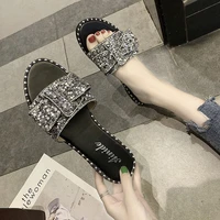 fashion casual summer sequins slippers women square heel flat large size42 43 flip flop ladies lightweight bow knot female shoes