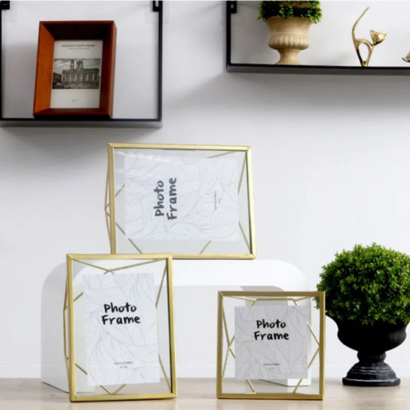 

Nordic Metal Geometric Photo Frame Modern Gold Decorative Cadre Picture Frames Creative Dried Flower Glass Album Home Decor Gift