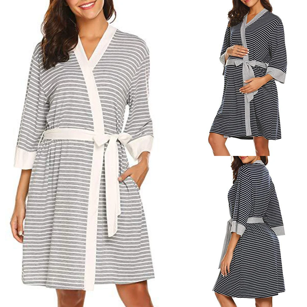 Летняя Женская Полосатая туника с длинным рукавом пижама для кормящих мам