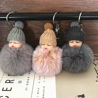 10pcs sleeping baby doll keychain pompom rabbit fur ball key chain car keyring women key holder bag pendant charm accessories