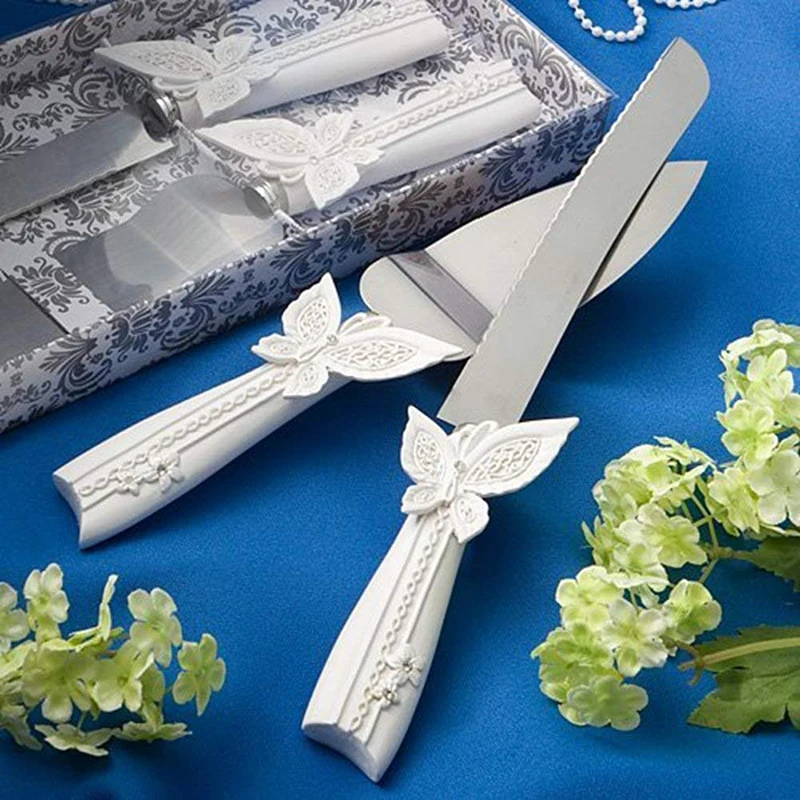 

2pcs Wedding Cake Knife Serving Cutlery Weddings Party Decoration Stainless Steel Dinnerware Butterfly Handle Christmas Gifts
