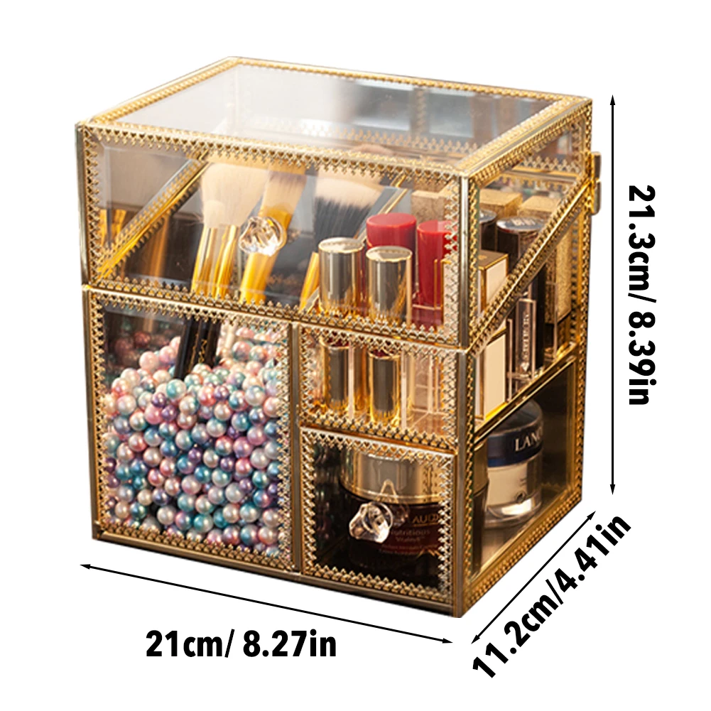 

Makeup Storage Box Vintage Glass Brush Holder Cosmetic Container Dresser Decoration Jewelry Organizer With White Pearls