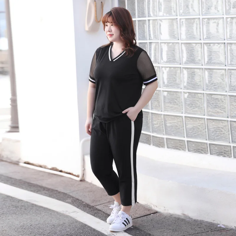 New summer plus size sports suits for women short sleeve loose black T-shirt and capri pants training suit sets 3XL 4XL 5XL 6XL |