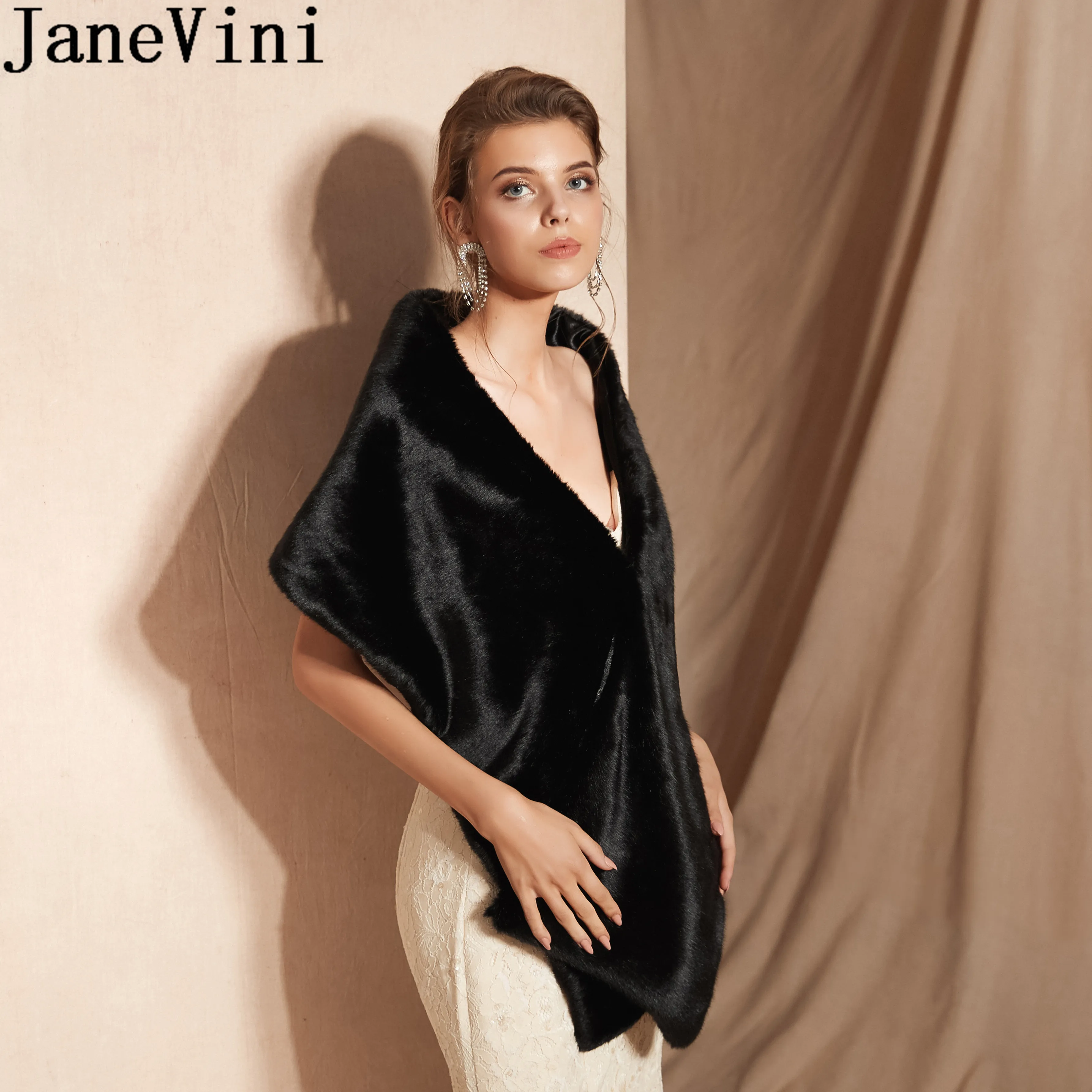 JaneVini черное меховое Болеро для невесты накидки зимняя Свадебная шаль накидка