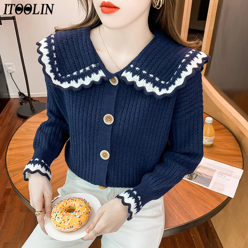 

ITOOLIN Peter Pan свитер-кардиган с воротником женские винтажные синие Хлопковые вязаные топы Свободные повседневные зимние праздничные женские в...