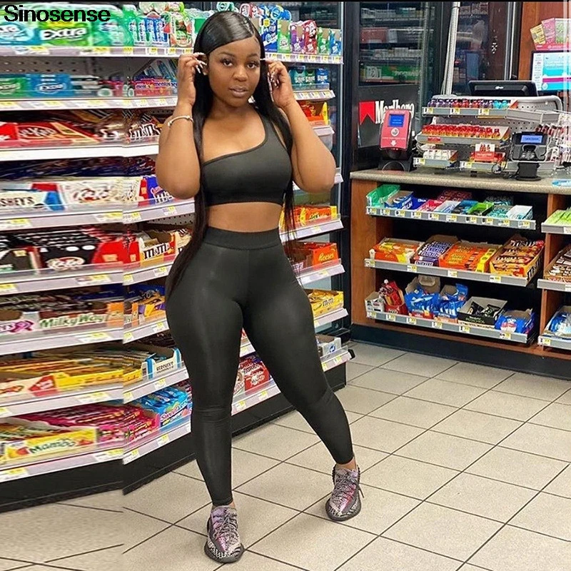 

Women Sporty Fitness Two Piece Set One Shoulder Tank+Leggings 2 Piece Outfits Elastic Skinny Activewear Casual Summer Trackusit