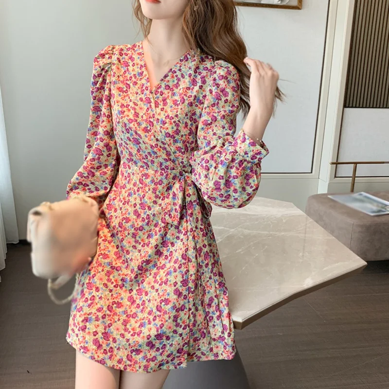 

Women's Cotton Temperament A-Line Mini Party Dress Autumn Korean Style Retro Sexy French Slim Thin Floral Long Sleeve Dress