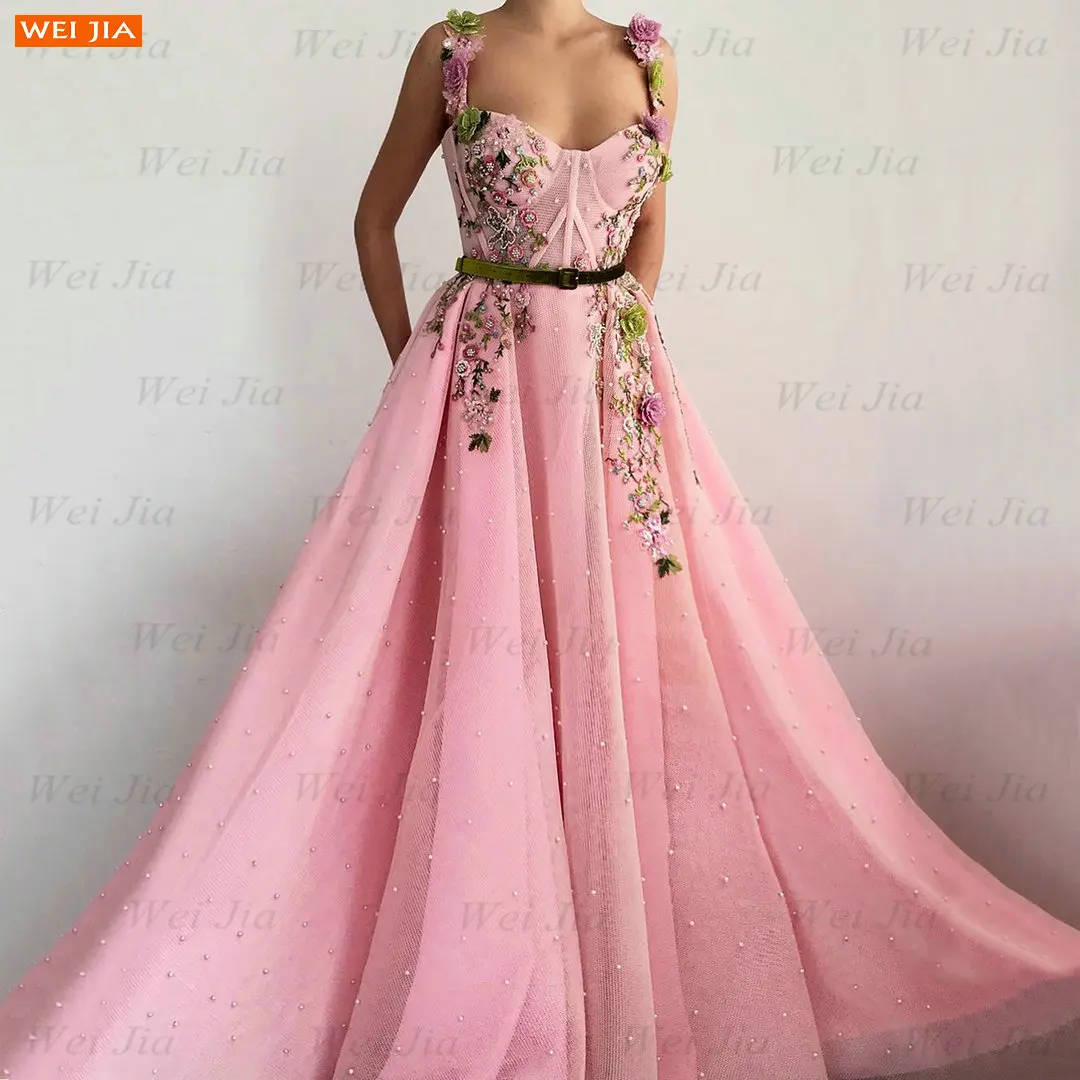 

Fashion Pink Prom Dresses Long 2021 vestidos de fiesta largos elegantes de gala A Line Tulle Appliqued robe de soirée de mariage