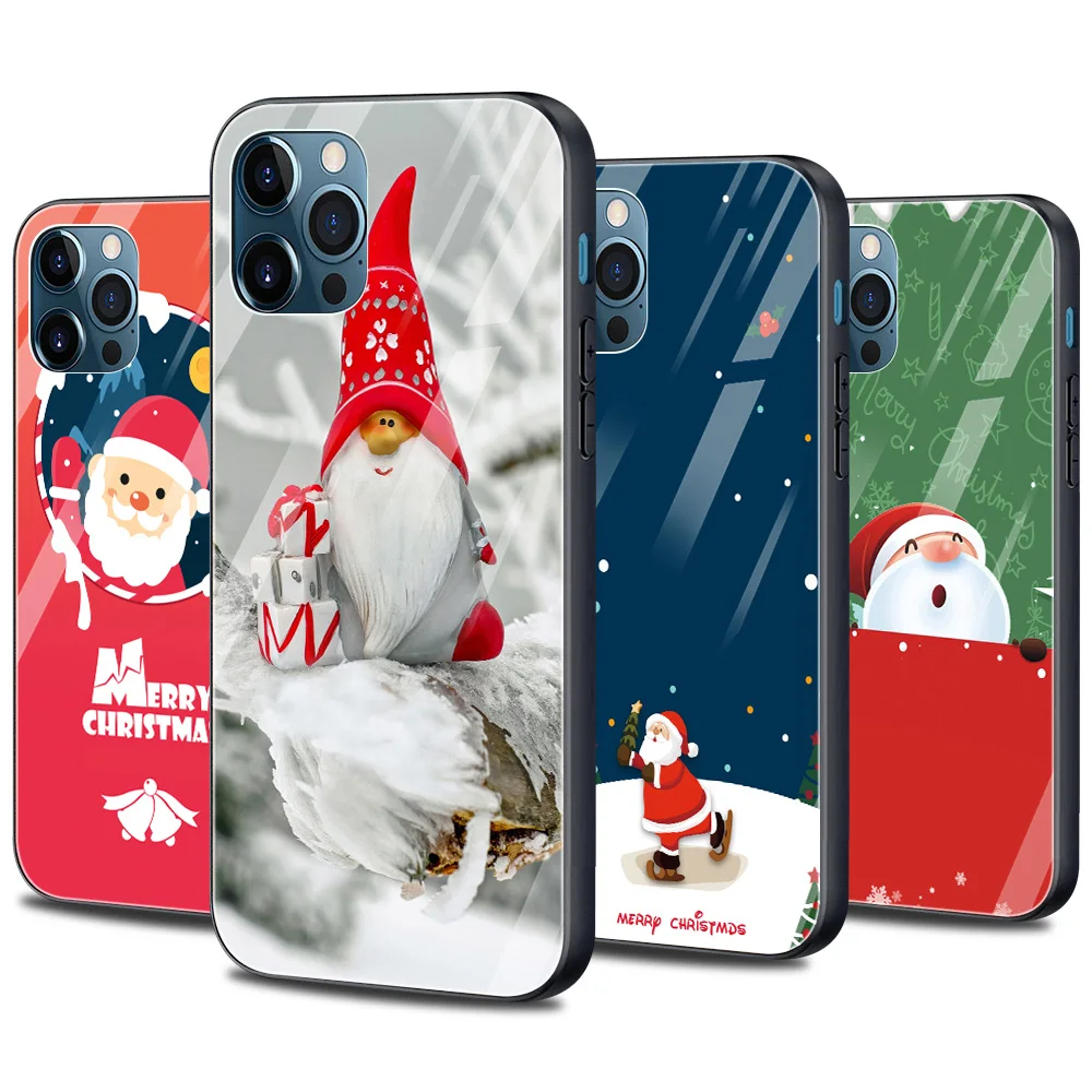 

Santa Claus Glass Smartphone Case For iPhone 12 11 Pro Max XS XR X 7 8 Plus 12 Mini SE 2020 Black Silicone Cover