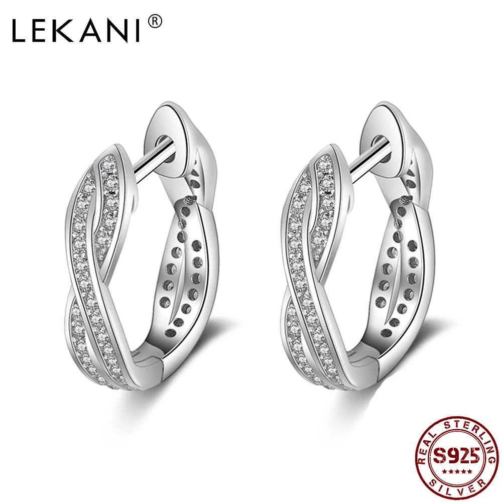 

LEKANI Real 925 Sterling Silver Stud Earrings Cubic Zirconia Twisted Earrings for Women Silver Fine Jewelry Engagement Gift