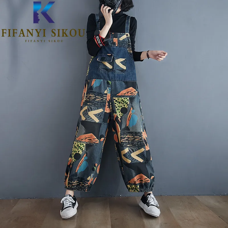 

Spliced Print Denim Jumpsuits Spring Fashion Suspenders Jeans Spring Summer Loose Denim Overalls Female Sleeveless Rompers