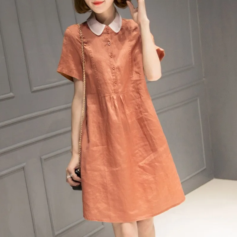 

Plus Size Cotton Dress Women Summer Casual Dresses New 2020 Korean Style Peter Pan Collar Knee-length Female A-line Dress P1145
