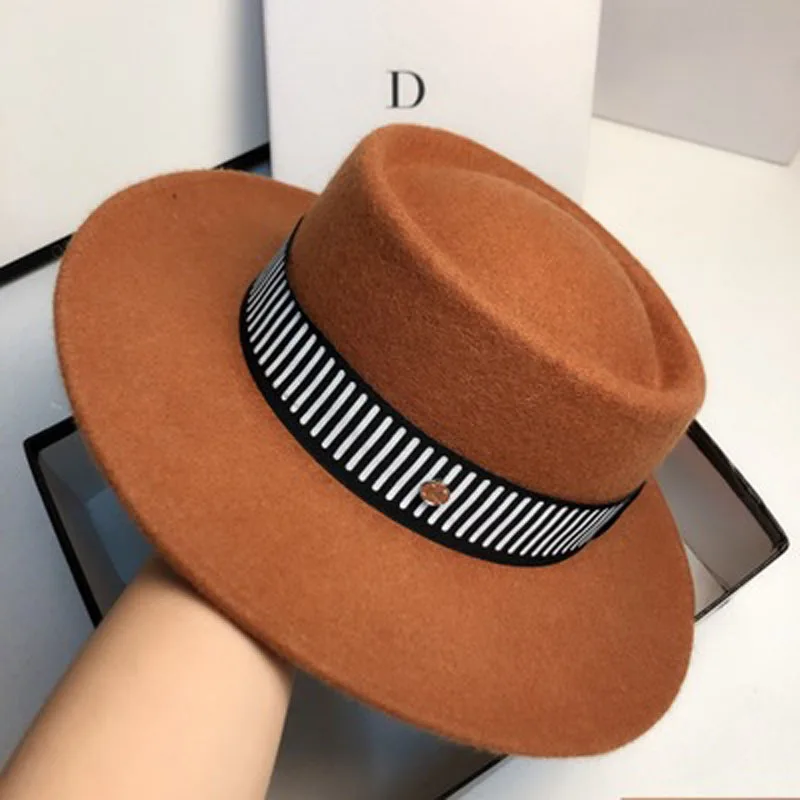 Fashion simple wool% concave top hat, black and white striped sun hat.