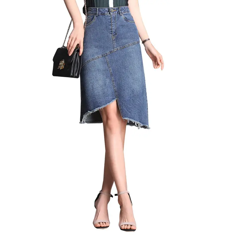 Эластичная джинсовая юбка женская летняя модная с высокой талией размера плюс