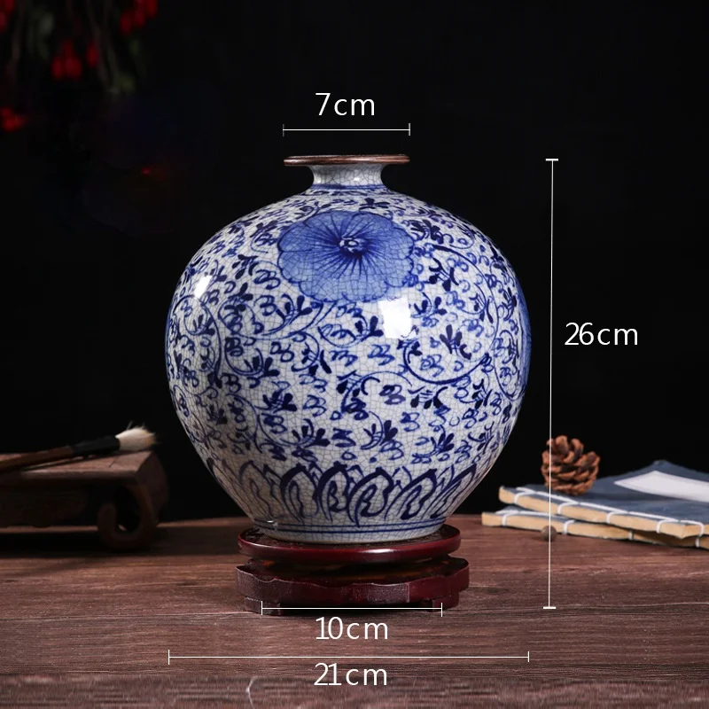 

35cm Jingdezhen Blue And White Ceramic Vase wood base Ornaments Hand-painted Feather flower Pattern Antique Table vase