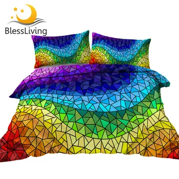 BlessLiving Rainbow Bedding Set Geometric Quilt Cover Bohemian Bedclothes Colorful Bed Set Color Gradient Home Textiles 3pcs 1
