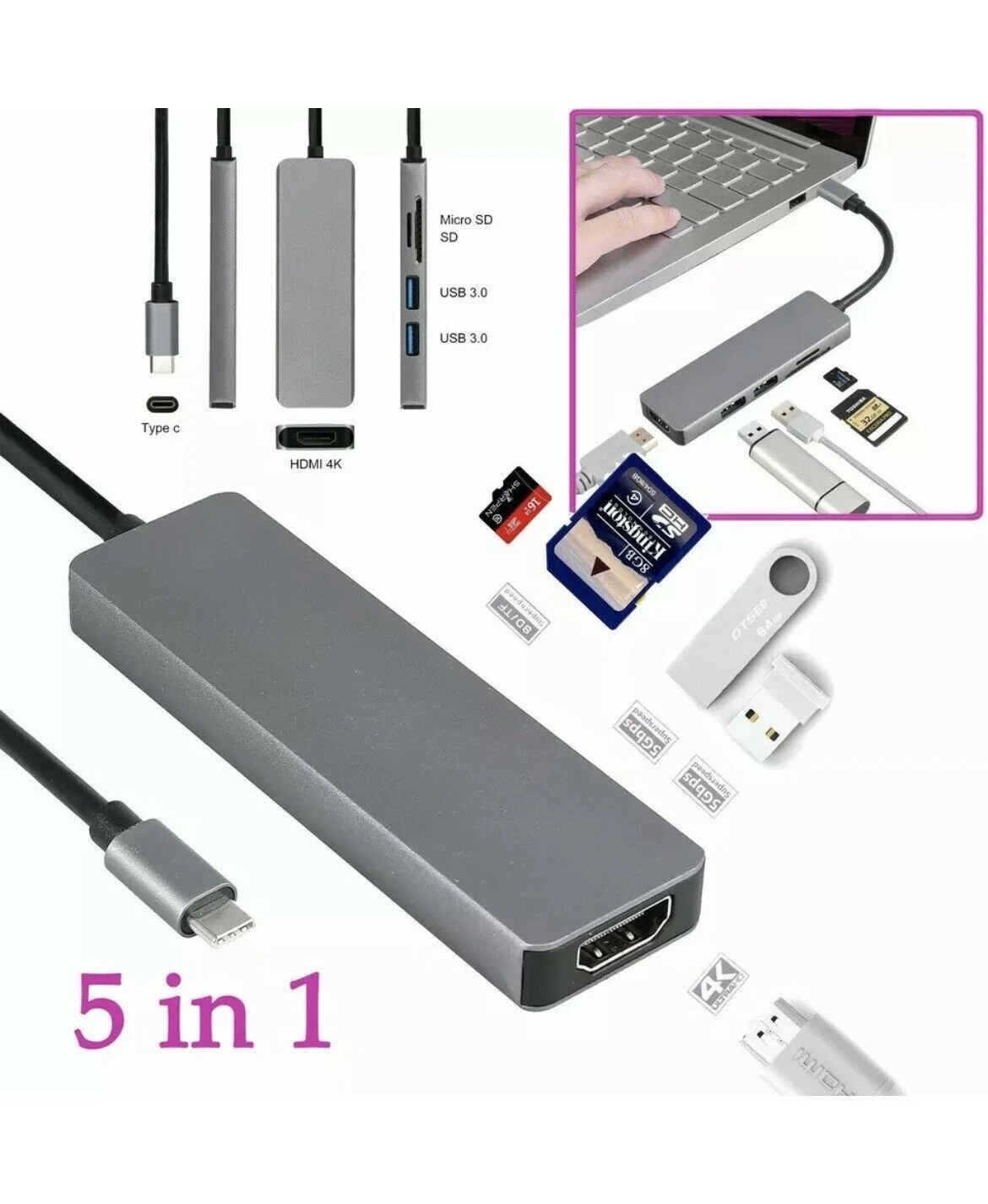 5in1 Type C USB Hub Adapter 3.0 ports Card Reader 4K HDMI For MacBook Pro | Laptop Docking Stations