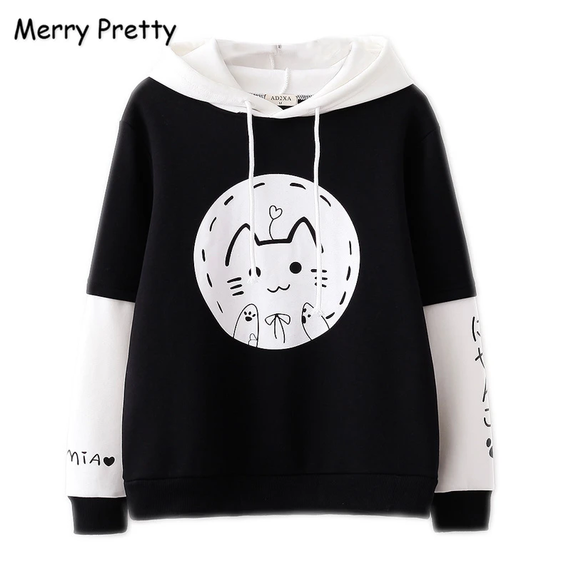 Свитшот MERRY PRETTY женский с капюшоном и принтом мультяшного кота милая Толстовка