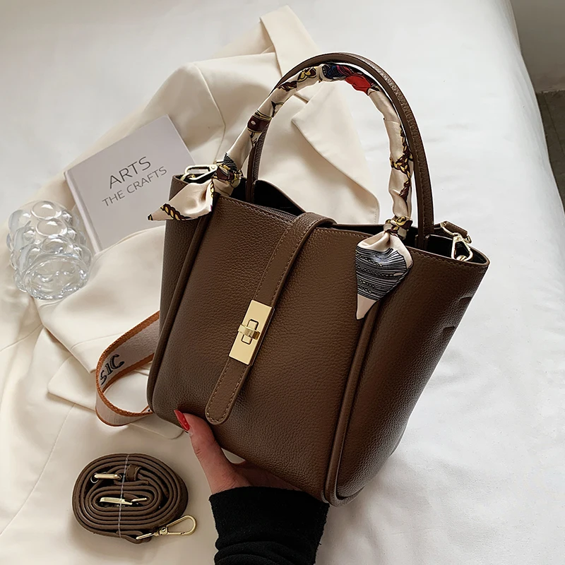 

Vintage Small Bucket Crossbody Bags with Scarf for Women 2021 Winter Fashion Shoulder Handbags and Purses