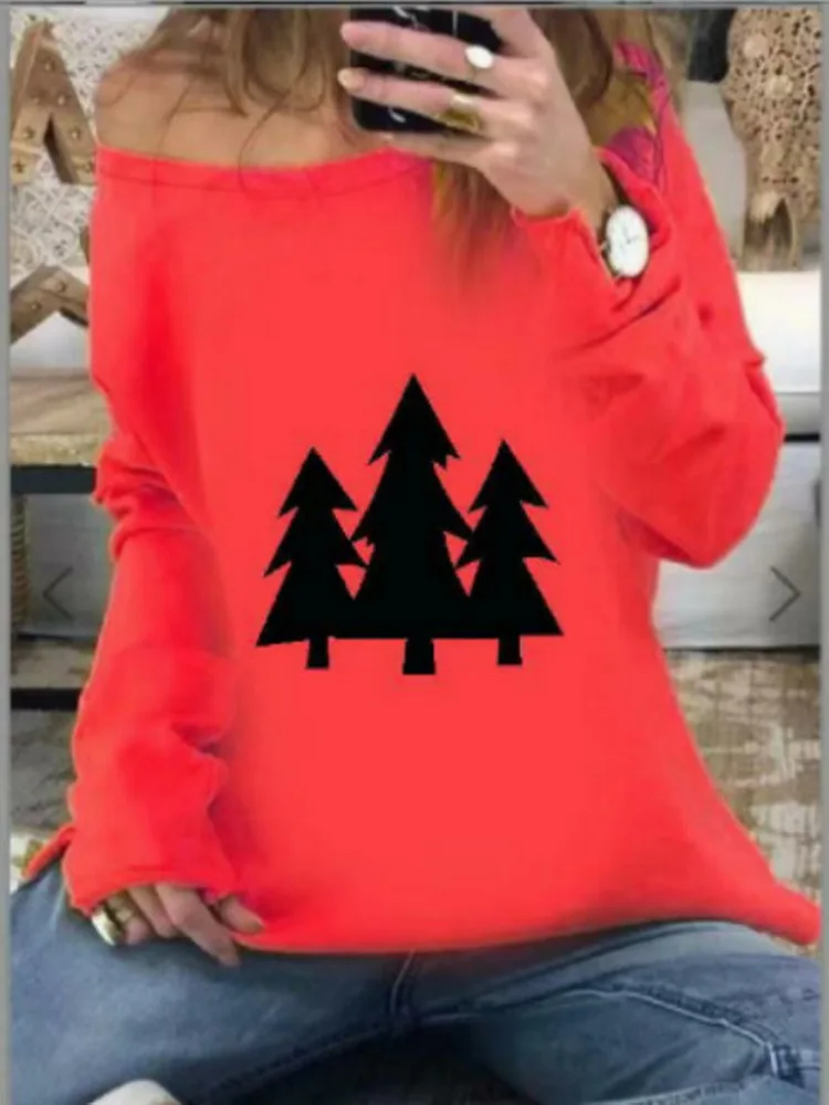 

New Spring autumn ladies fashion 2 styles casual round neck Christmas tree printing+antlers pullover No hat plus size S-5XL
