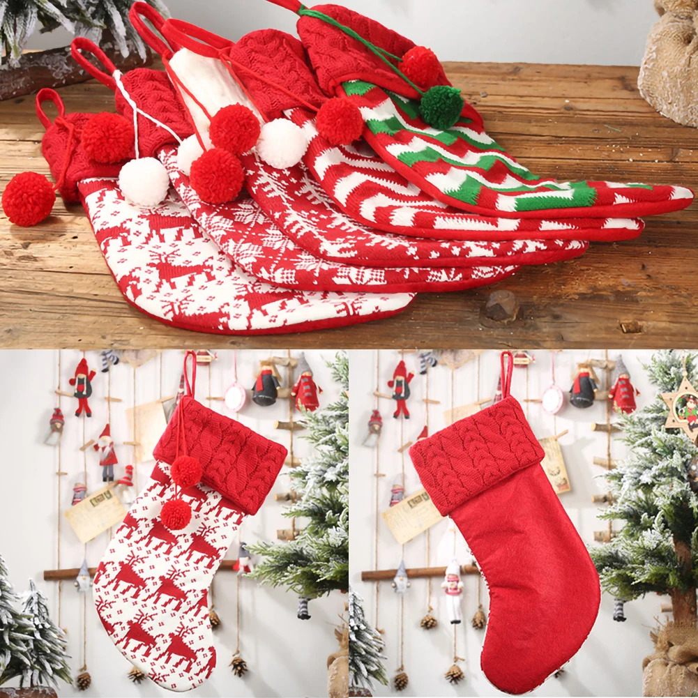 Рождественское украшение вязаные чулки белый красный олень подарок детский