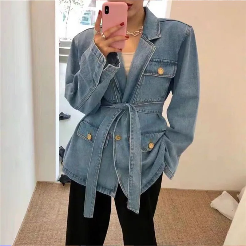

Mazefeng New 2020 Spring Autumn Women's Denim Trench Casual Turn-down Collar Pockets Sashes Wild Streetwear Jeans Tops One Size