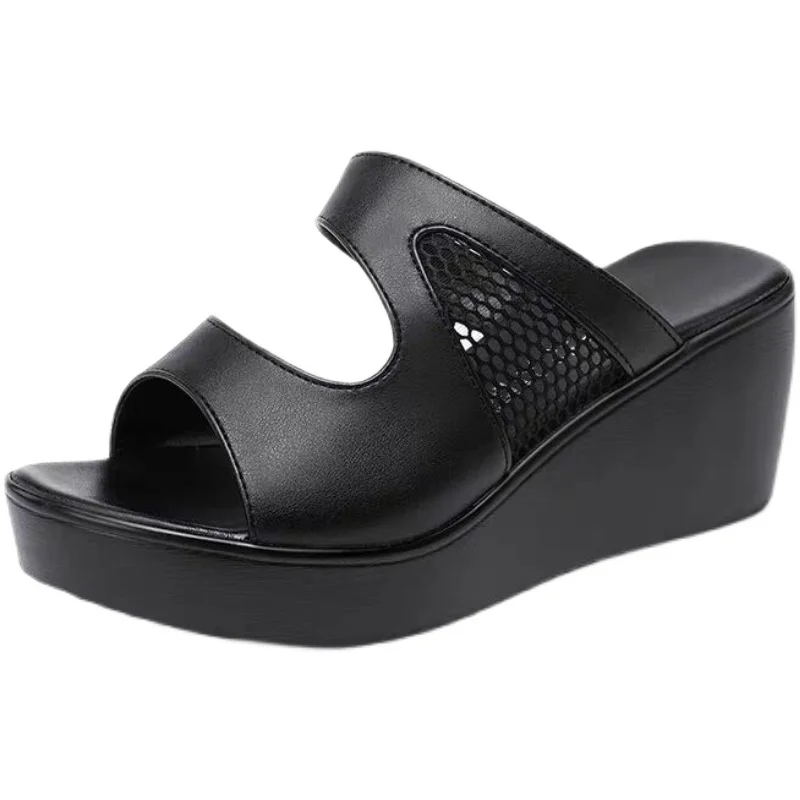 

House Slippers Platform Peep Toe Female Shoes Slides PU On A Wedge Med 2021 Summer Fretwork House Slippers Platform Shoes Woman