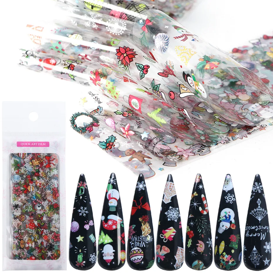 

10PCS/Set Christmas Nail Art Transfer Foil Sticker Winter Snowflakes Santa Claus Candy Slider Paper New Year Decoration Wraps