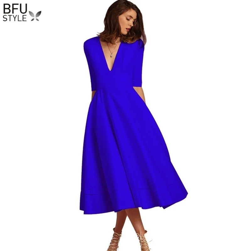 Blauw винтажное V hals knielange Jurk 2019 Zomer Mode Half Mouw Elegante A lijn Vestidos Avond вечерние платья миди