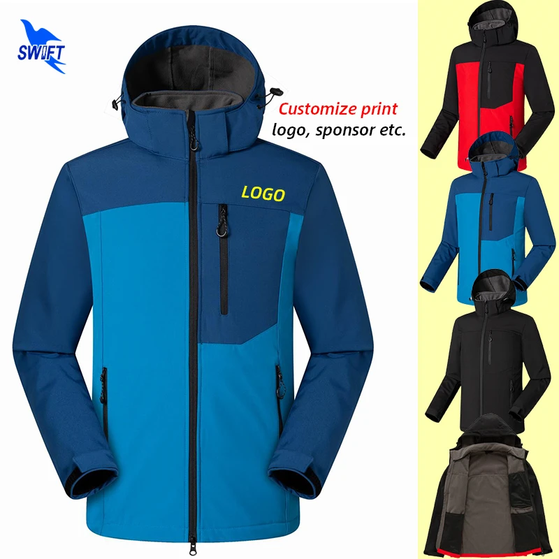 

Customize LOGO Men's Waterproof Hiking Camping Clothing Winter Thermal Fleece Hooded Coat Outdoor Ski Climbing Softshell Jacket