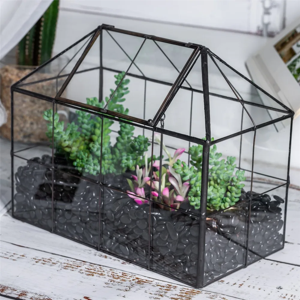 NCYP Glass Geometric Terrarium Tin-Sealed Brass Black House Shape Container with Grid and Swing Lid for Moss Succulents Cacti