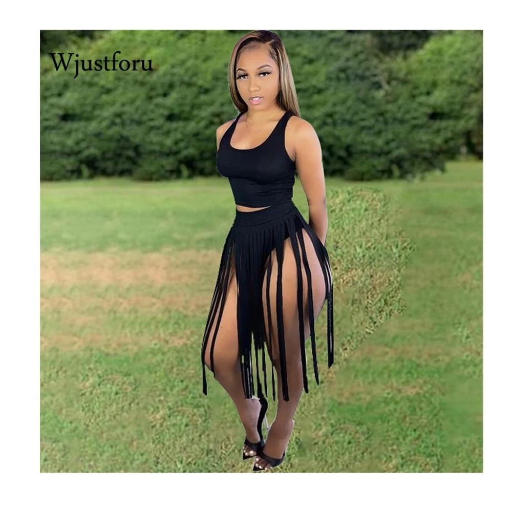 

Женский комплект из двух предметов с кисточками Wjustforu, облегающая короткая юбка с высокой талией, модный кроп-топ без рукавов, лето 2021