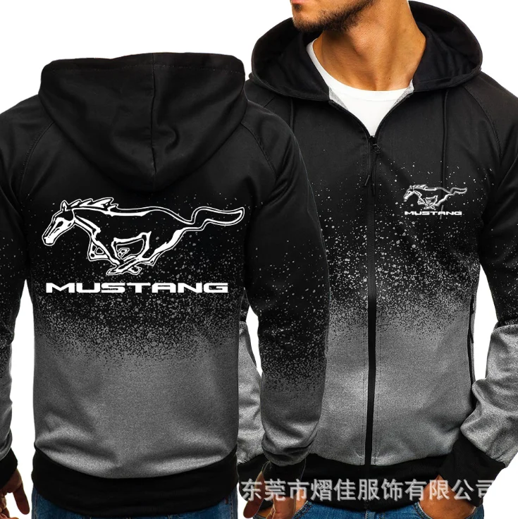 

NEW2021 for MUSTANG Car Logo Print Casual HipHop Harajuku Gradient color Hooded Mens Fleece Sweatshirts zipper Jacket