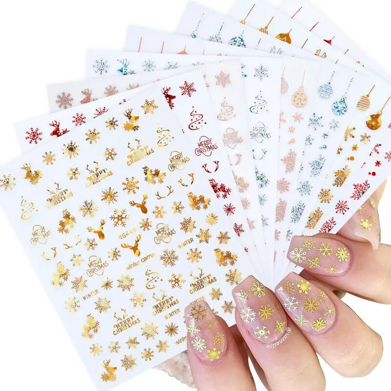 

3D Rose Gold Nail Stickers Snowflakes Red Christmas Gifts Nail Art Decals Sliders Glitter Foils Winter Nail Sticker Decorations