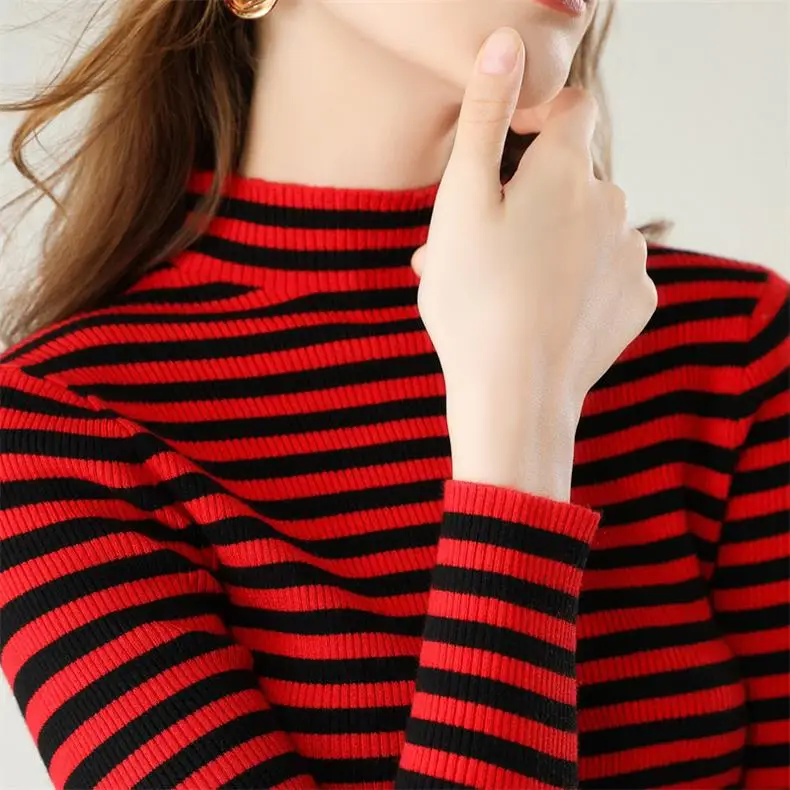 Black and red Зимний корейский Тонкий женский свитер с круглым вырезом в полоску вязаный низ женский свитер из кашемира - Цвет: Black and red