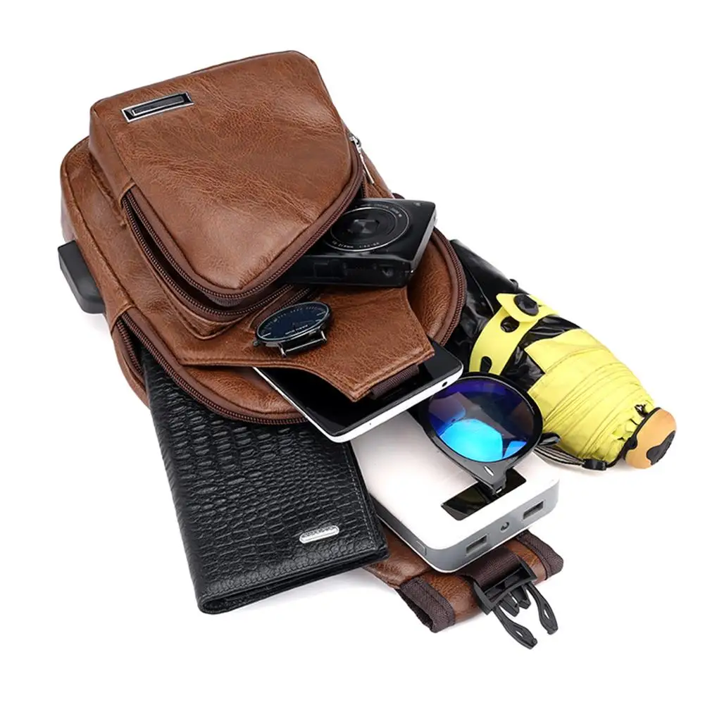 PU Leather USB Crossbody Bag for Men Casual Canvas Multifunctional Chest Messenger Bag