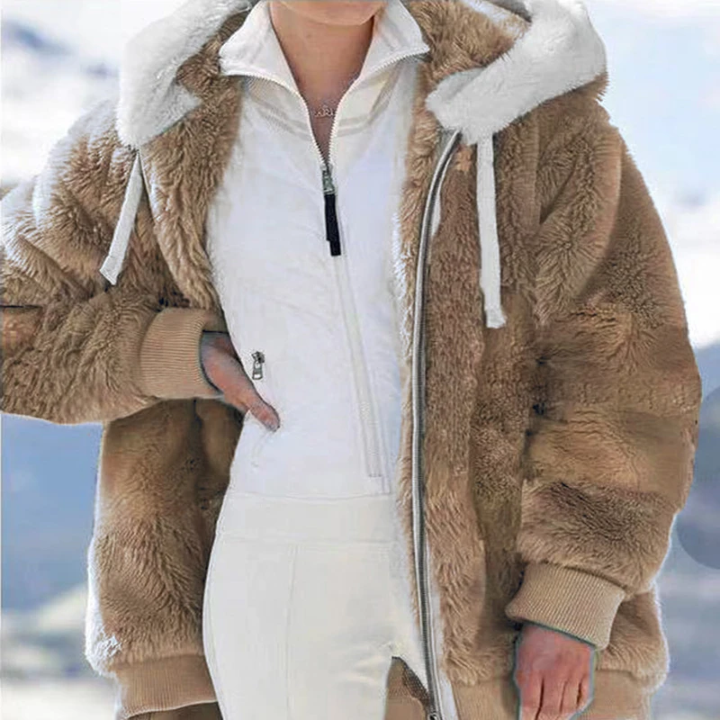Plush Zipper Hooded Jacket for Women New Autumn Winter Loose Casual Warm Fur Coats For Women Winterwear Long Jacket Female