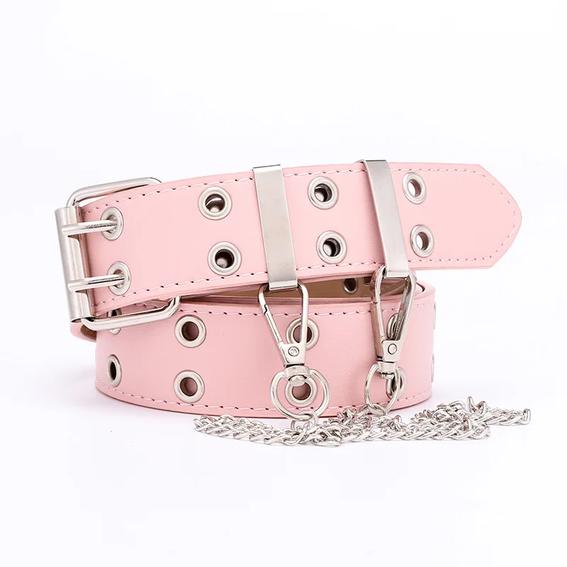 

2021 New Punk Style Double Exhaust Eyes PU Belt Ladies Korean Style Jeans Fashion Chain Decoration Wide Belt Women