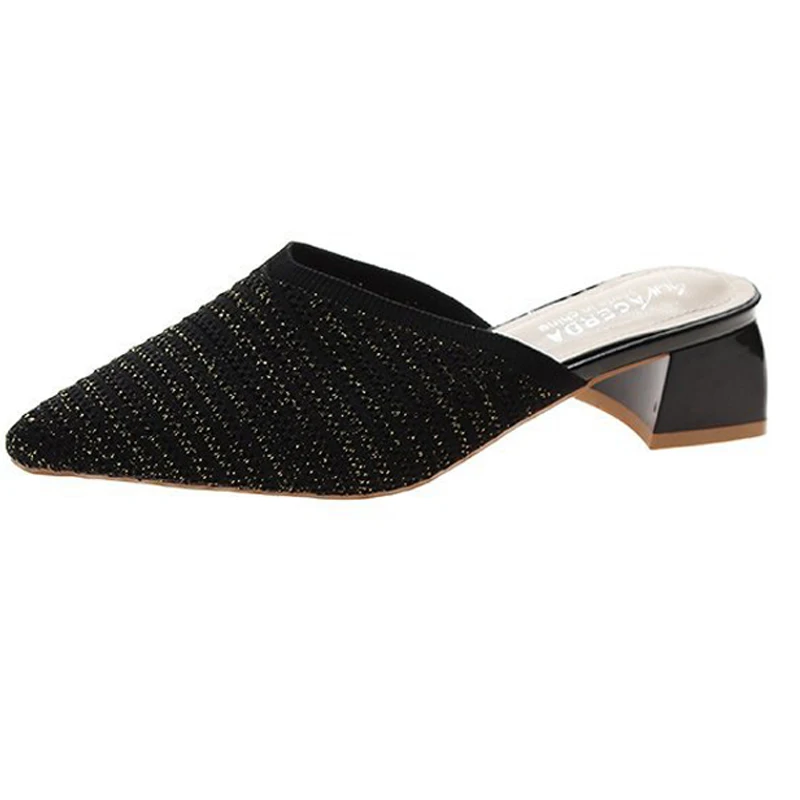 Women Slippers Pointed Toe High Heel Mules Shoes Summer Elastic Knitted Slippers Pumps Woman Fashion Elegant Party Shoes