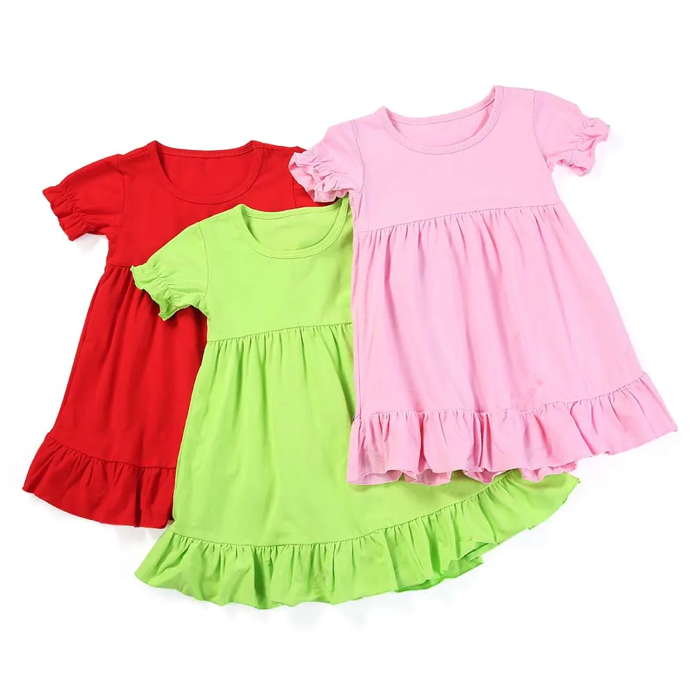 

100% cotton summer blank toddler solid color short puff sleeve little baby girls ruffle dress