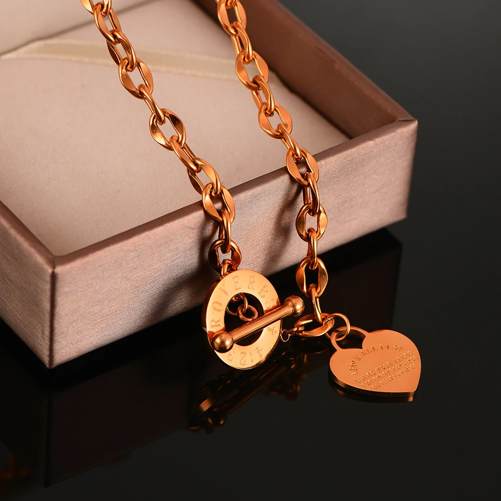 

New Fashion Stainless Steel Chain Heart Pendant Necklace For Women OT Buckle Toggle Choker Femme Jewelry Wholesale