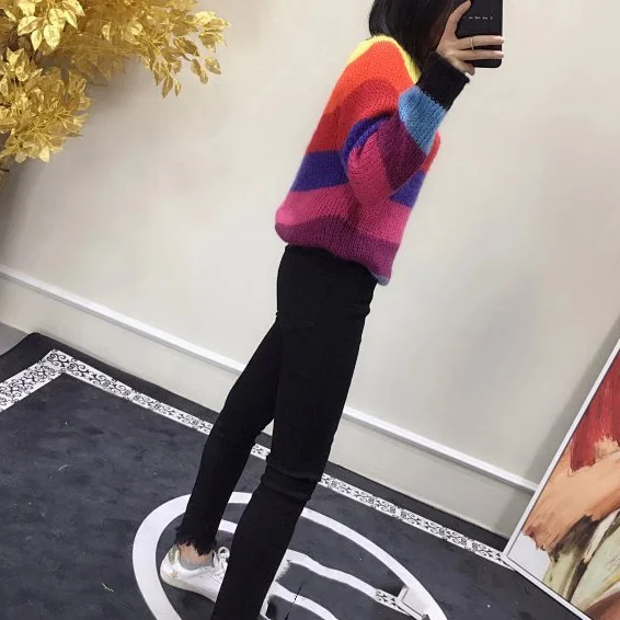 

Elfbop Mohair Colorful Striped O Neck Long Sleeve Knitted Sweater Pullover Top - Latest Ladies Knitted Pullover Top