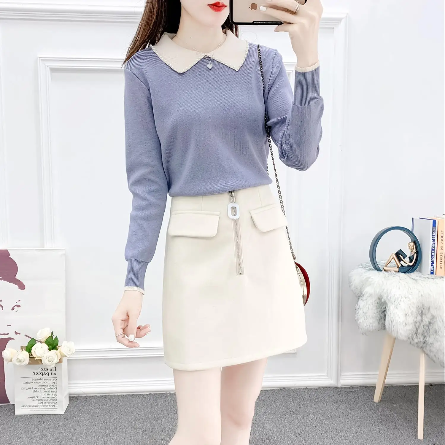

new winter skirt fashion suits nail bead turtleneck sweater zip skirts two-piece outfit women clothing set sweet girl vestido