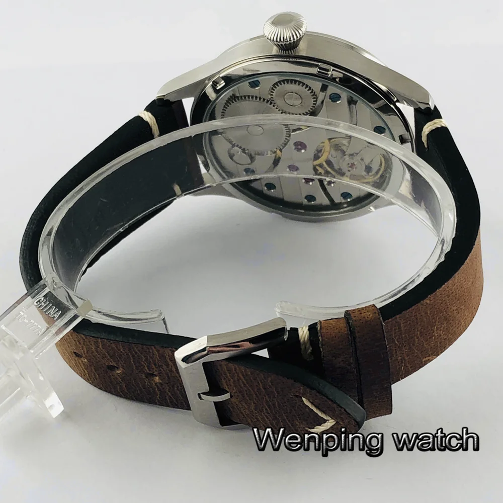 Мужские светящиеся часы с серебристым корпусом и кожаным ремешком 44 мм | Наручные