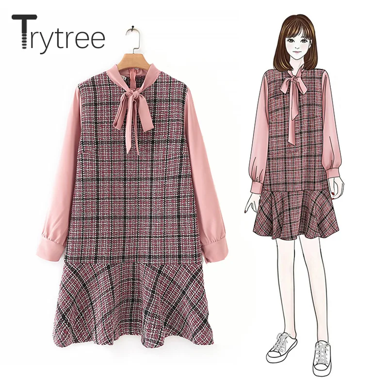 Trytree осенне-зимнее платье, Повседневное платье с бабочкой и оборками, платье-рубашка в клетку на молнии, мини-платье с оборками, офисное платье трапециевидной формы для леди