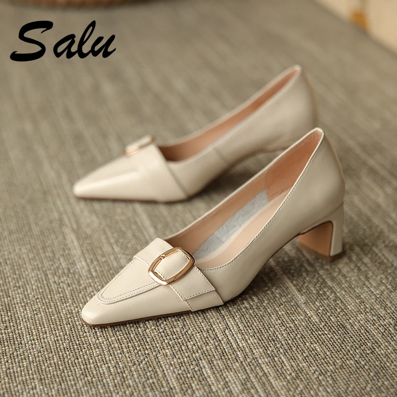 

Salu Shallow Genuine Leather Shoes for Women 2021 Summer Autumn Med Heels Sandals Wedding Party Pointed Toe Shoes Woman Beige
