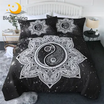BlessLiving Tai Chi Quilt Set Mandala Thin Comforter Yin Yang Summer Bedding Floral Air-conditioning Duvet Black White Bed Set 1